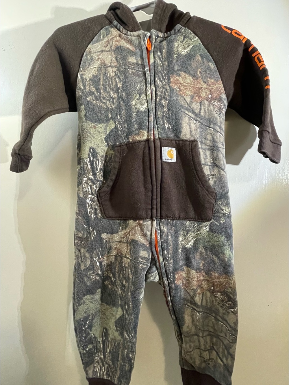 Carhartt Brown Camo Hooded Toddler One-Piece with Orange Trim